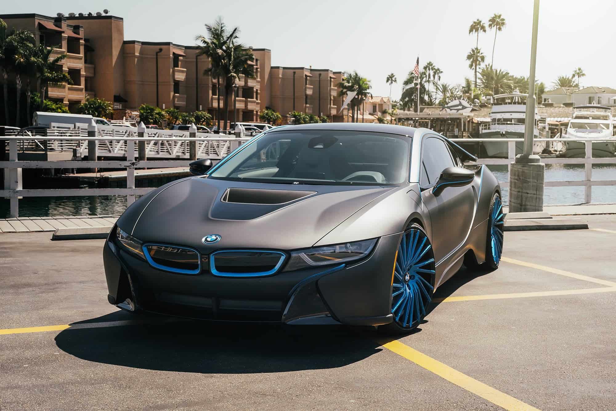 Matte black BMW i8 on Wraith wheels